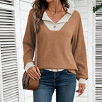 Women's Color Block Pullover - Spring Fall V-Neck Long Sleeve Casual Loose Top