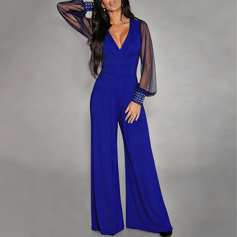 Women's Elegant V Neck Mesh Long Sleeve Loose Wide Leg Romper Party Jumpsuits With Rivet Cuffs