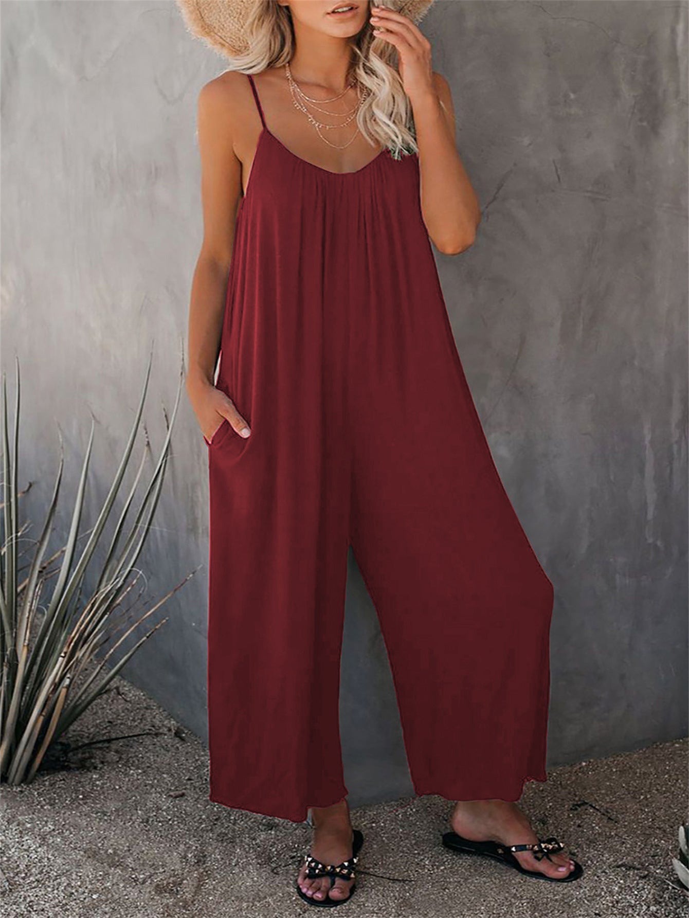 Women's Fashion Solid Color Pocket Loose Casual Sling Jumpsuit