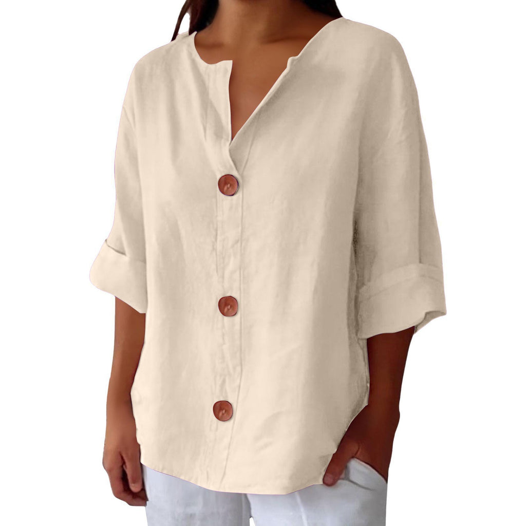 Loose Comfort And Casual V-neck Cotton And Linen Button Top
