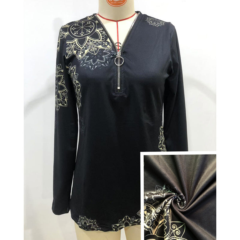 Women's Elegant Floral Print V-Neck Long Sleeve T-Shirt With Zip Detail - Slim Fit Casual Top For Spring&Fall