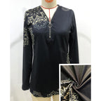 Women's Elegant Floral Print V-Neck Long Sleeve T-Shirt With Zip Detail - Slim Fit Casual Top For Spring&Fall