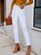 Women's New Fringed Pure White Jeans, Blended Fabric, Slim Fit Fringed Design, Beveled Pocket, Suitable For Outdoor Work, Can Be Worn All Year Round