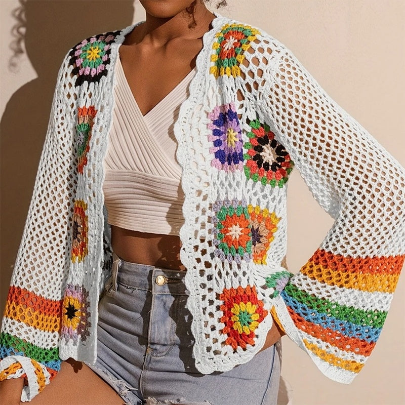 Women's Elegant Crochet Cardigan - Long Sleeve Open Front Vibrant Color Block Coat