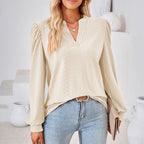 Women's Puff Sleeve V-Neck Blouse, Loose Long Sleeve Casual Work Top