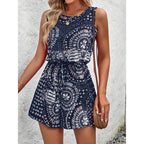 Women's Summer Casual Shorts Jumpsuit Allover Print Sleeveless Tank Top Rompers With Waist Tie
