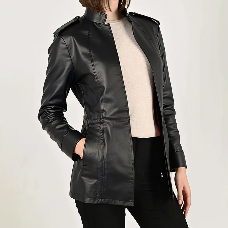 Vintage Style Women's Long Sleeve PU Jacket, Mid-Length Open Cardigan With Pockets, Casual Leather Coat
