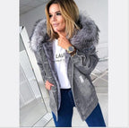 Fur Collar Denim Stitching Jacket Plus Velvet Padded Coat Slim Fit