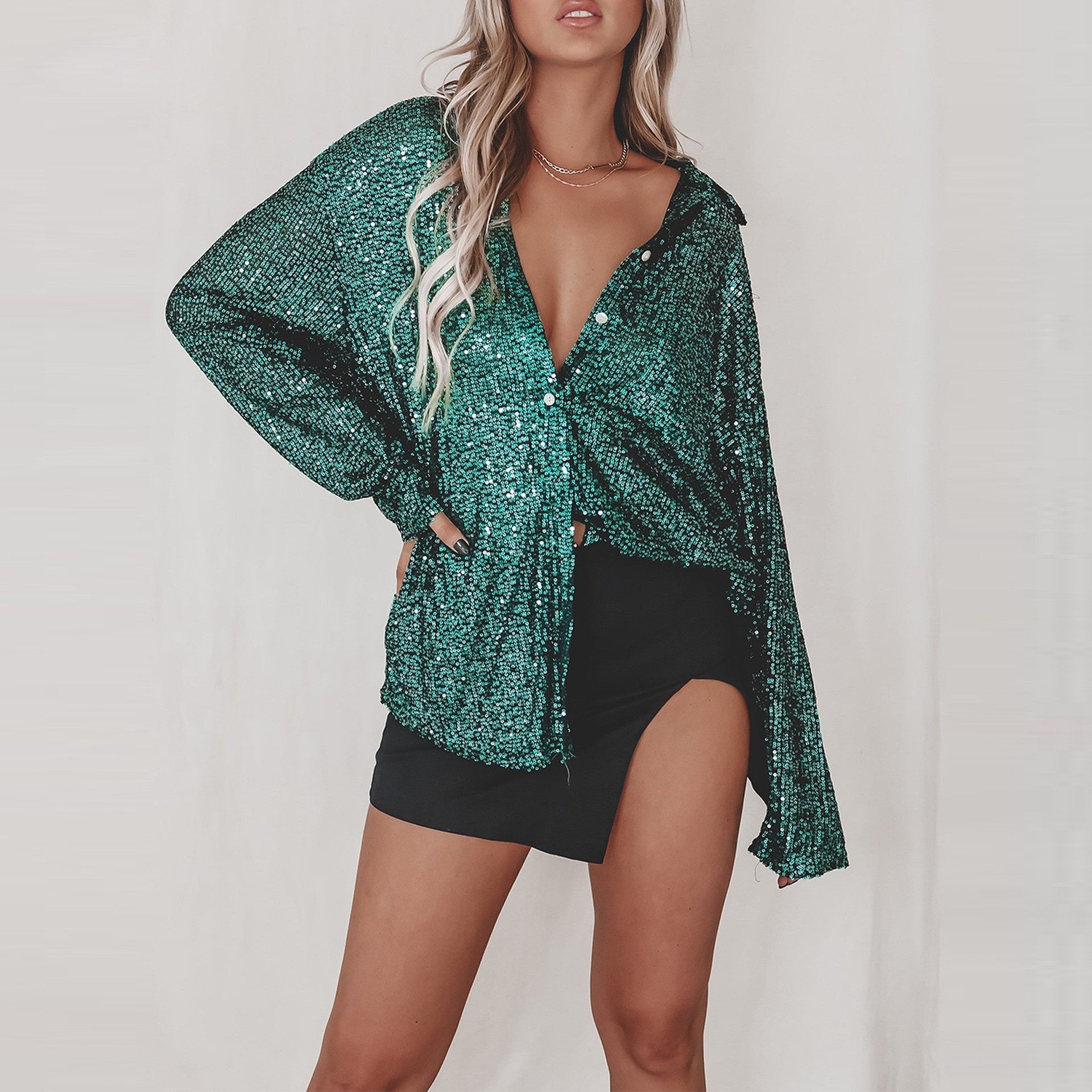 Sequin Lapel Long Sleeve Shirt