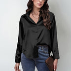 Women's Elegant Satin Lapel Shirt, Long Sleeve Button-Down Blouse For Casual And Office Wear