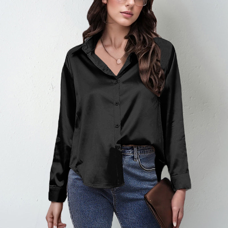 Women's Elegant Satin Lapel Shirt, Long Sleeve Button-Down Blouse For Casual And Office Wear