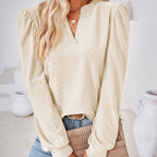 Women's Puff Sleeve V-Neck Blouse, Loose Long Sleeve Casual Work Top