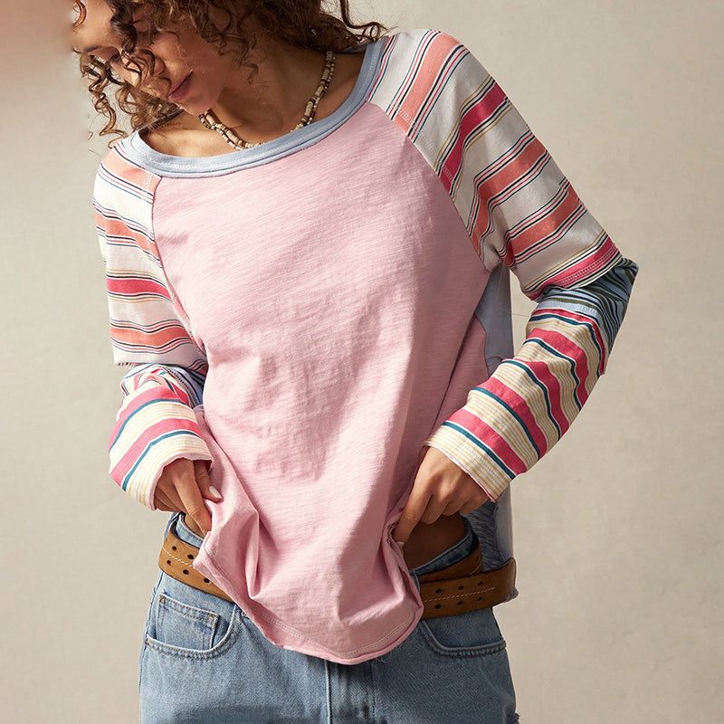Women's Striped Long Sleeve Top Round Neck Pullover With Unique Patchwork Design For Spring&Fall