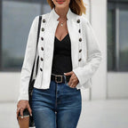 Women's Stand Collar Double-Breasted Jacket - Solid Color Long Sleeve Streetwear Coat Lightweight Spring&Fall Fashion