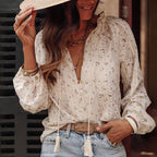 Boho Chic Women's Blouse, Floral Print V Neck Lantern Sleeve Sheer Top For Elegant Casual Wear