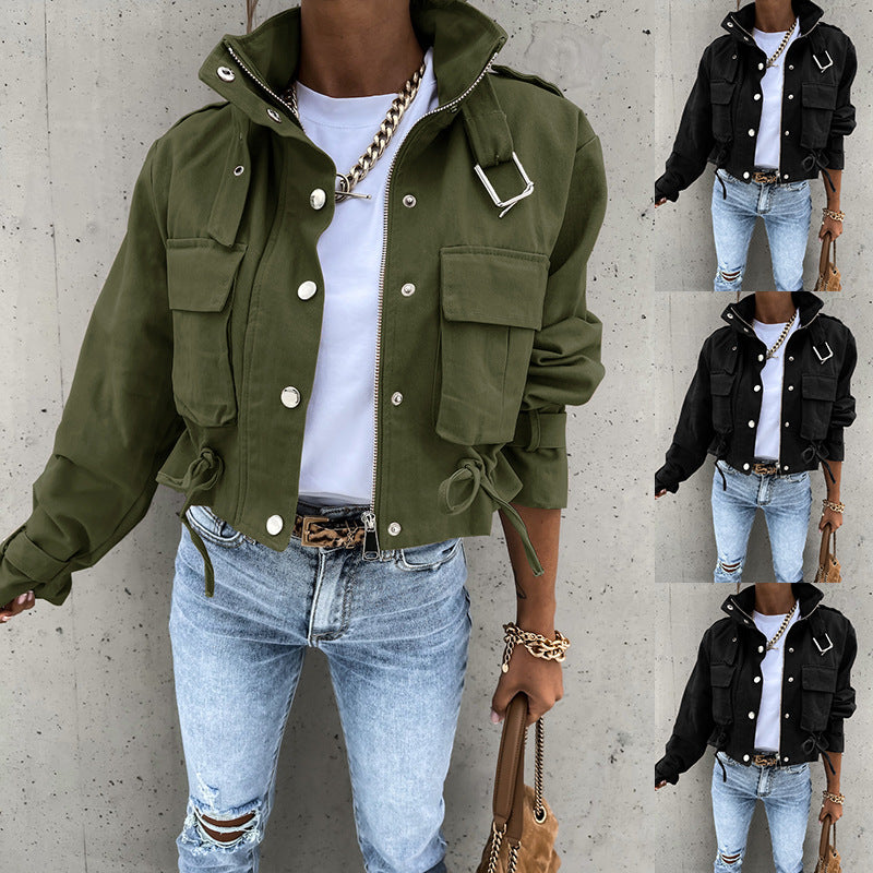 Women's New Motorcycle Jacket Coat Crop Top