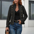 Women's Stand Collar Double-Breasted Jacket - Solid Color Long Sleeve Streetwear Coat Lightweight Spring&Fall Fashion