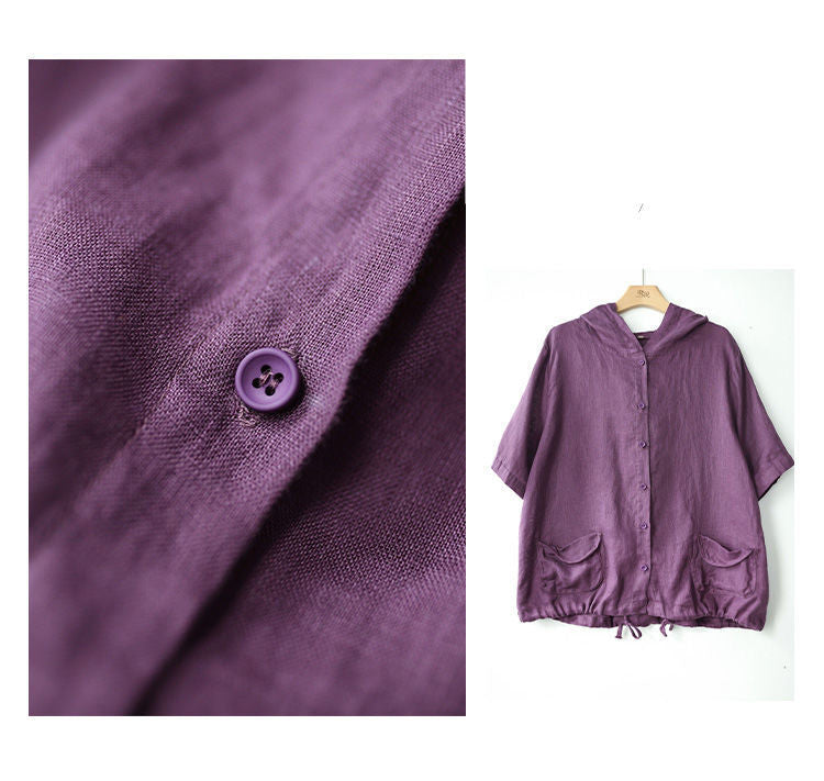 Women's Large Loose Vintage Cotton And Linen Casual Thin Hooded Cardigan