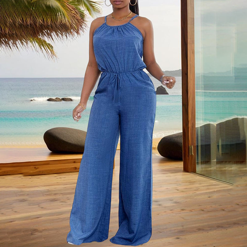 Women's Elegant Sleeveless Solid Color Jumpsuit - Wide Leg With Drawstring Waist, Shoulder-Baring Style For Spring&Summer