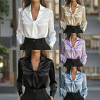 Women's Elegant Solid Color Satin Ruffle Blouse, V-Neck Long Sleeve Shirt For Daily Wear And Dates