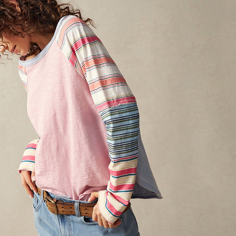 Women's Striped Long Sleeve Top Round Neck Pullover With Unique Patchwork Design For Spring&Fall