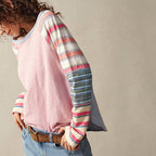Women's Striped Long Sleeve Top Round Neck Pullover With Unique Patchwork Design For Spring&Fall