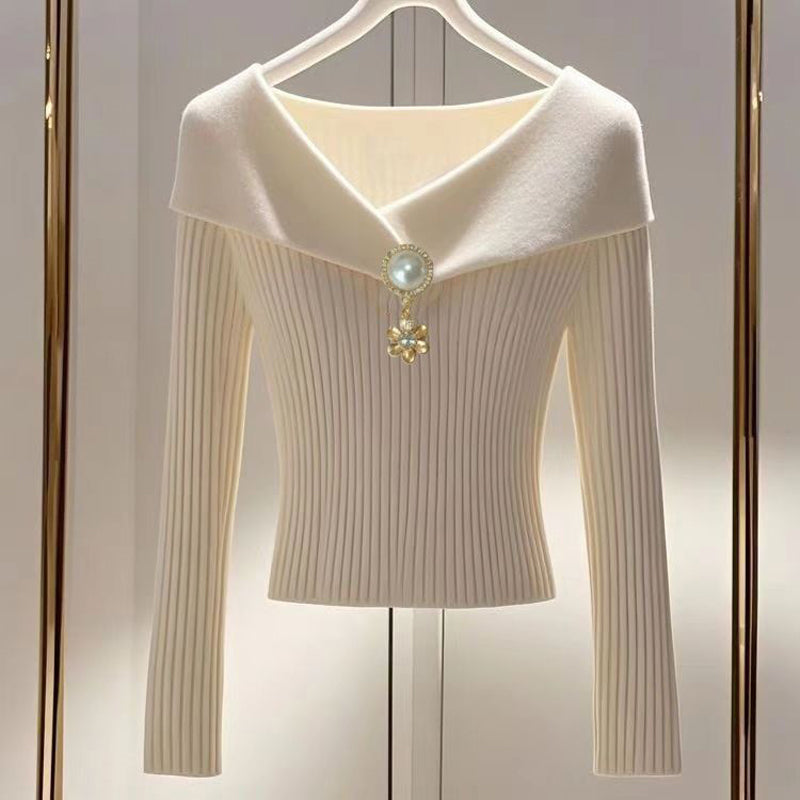Women's French Style V-Neck Top, Embellished Detail Long Sleeve Knit Blouse For Spring And Fall