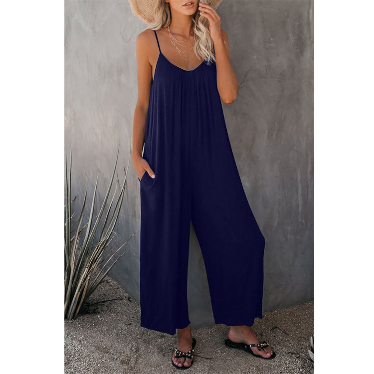Women's Fashion Solid Color Pocket Loose Casual Sling Jumpsuit