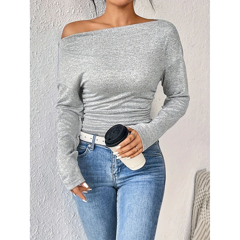 Women's Off The Shoulder Tops Long Sleeve T Shirts Going Out Tops Casual Trendy Ruched Slim Fitted Tees