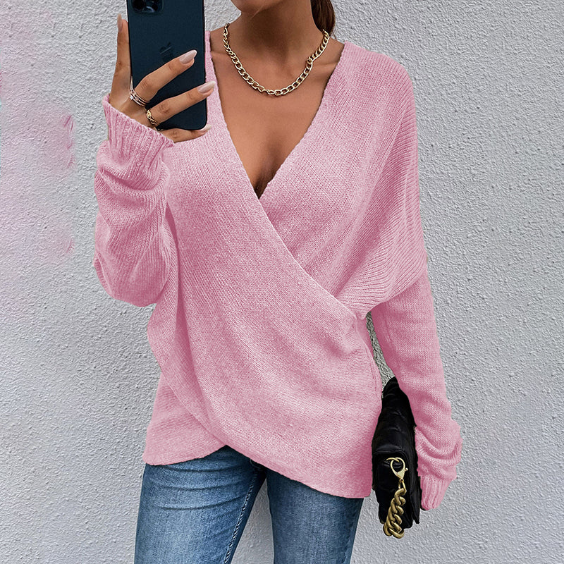 Women's Criss Cross V-Neck Sweater - 2025 Fall Long Sleeve Casual Pullover Top