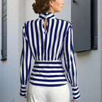 Elegant Women's Striped Tie-Waist Blouse, High Neck Long Sleeve Shirt With Cut-Out Detail