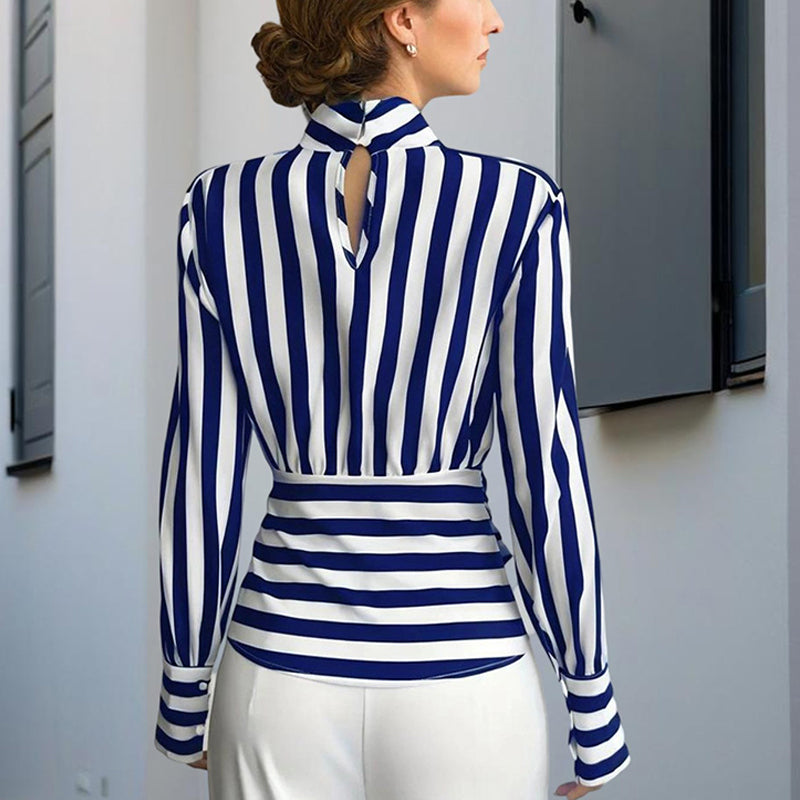 Elegant Women's Striped Tie-Waist Blouse, High Neck Long Sleeve Shirt With Cut-Out Detail