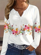 Spring And Autumn New Style White Buttoned Rose Print Long Sleeve T-shirt Casual Top
