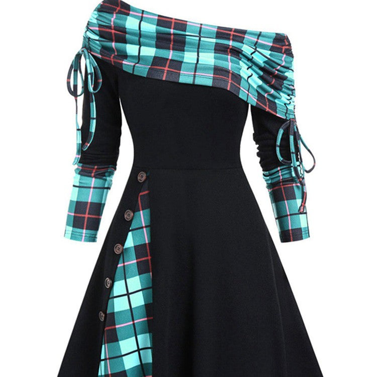 Autumn And Winter New Fashion Women's Waist Large Swing One Shoulder Long-sleeved Dress Female