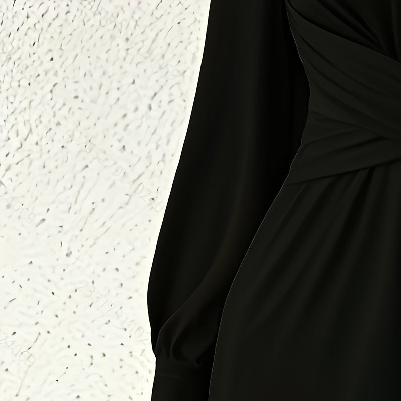 Women's Elegant Jumpsuit With Cross V-Neck & Long Sleeve Solid Color Belted Wide Leg Pantsuit For Office And Formal