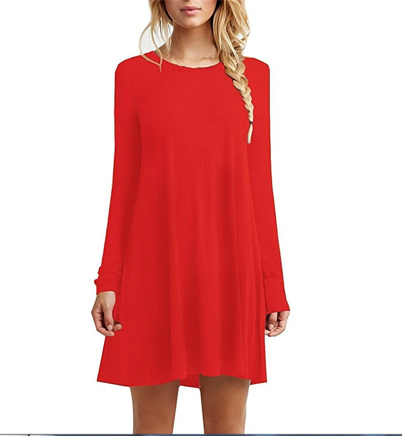 Solid color long-sleeved loose slim dress