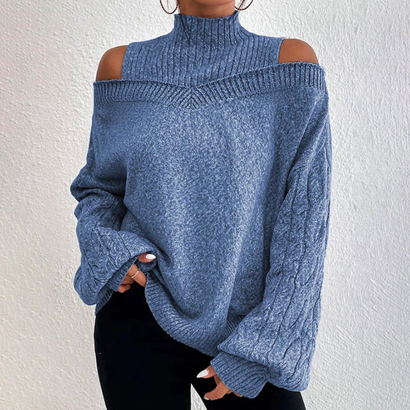 Women's Cold Shoulder Sweater - Sexy High Neck Cut Out Pullover Long Sleeve Top