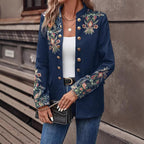 Women's Stand Collar Solid Color Floral Print Blazer Fashion Double-Breasted Fall & Winter Jacket