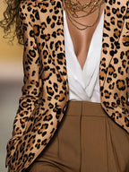 Women's Pink Leopard Blazer Long Sleeve Button Front Notch Lapel Jacket For Casual Office Work Wear