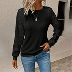 Women's Lace Waffle Knit Blouse, Long Sleeve Crewneck Business Casual Top