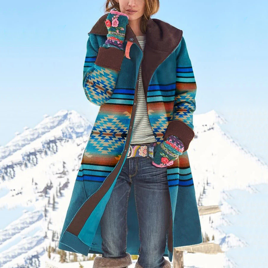 Mid-length printed top and long-sleeved woolen coat