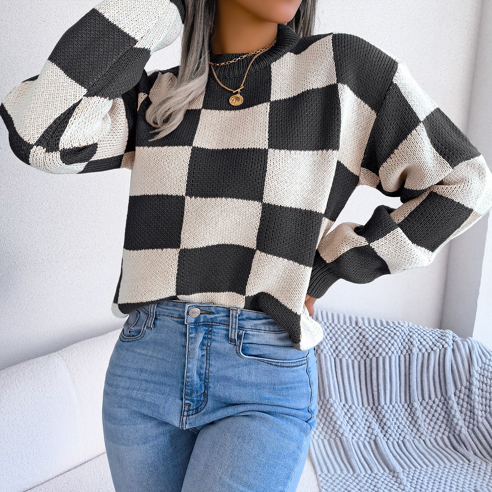 Women's Checkered Crewneck Sweater - 2025 Spring Fall Fashion Loose Pullover Top