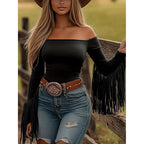 Women's Western Cowgirl Off-Shoulder Fringe Top, Sexy Slim Fitted Long Sleeve Tassel Blouse