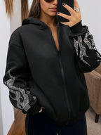 2025 New Women's Jacket With Zipper Closure, Hooded Neck, Flame Printed Sleeves, Essential Women's Coat For Autumn And Winter