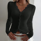 Women's Elegant Lace Trim V-Neck Blouse, Ruffle Detail Long Sleeve Button-Down Shirt For Spring Fall Wear