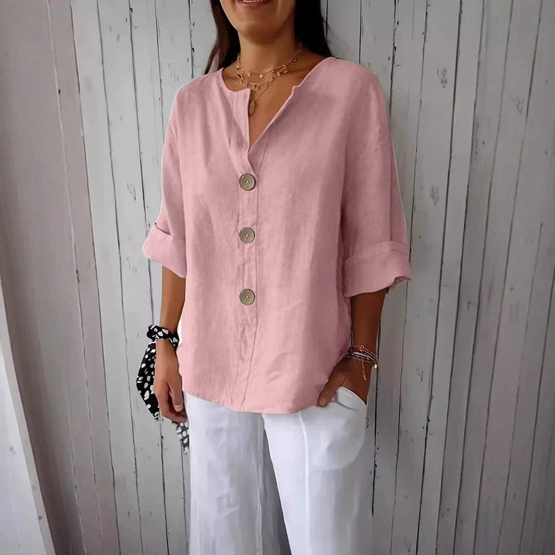 Loose Comfort And Casual V-neck Cotton And Linen Button Top