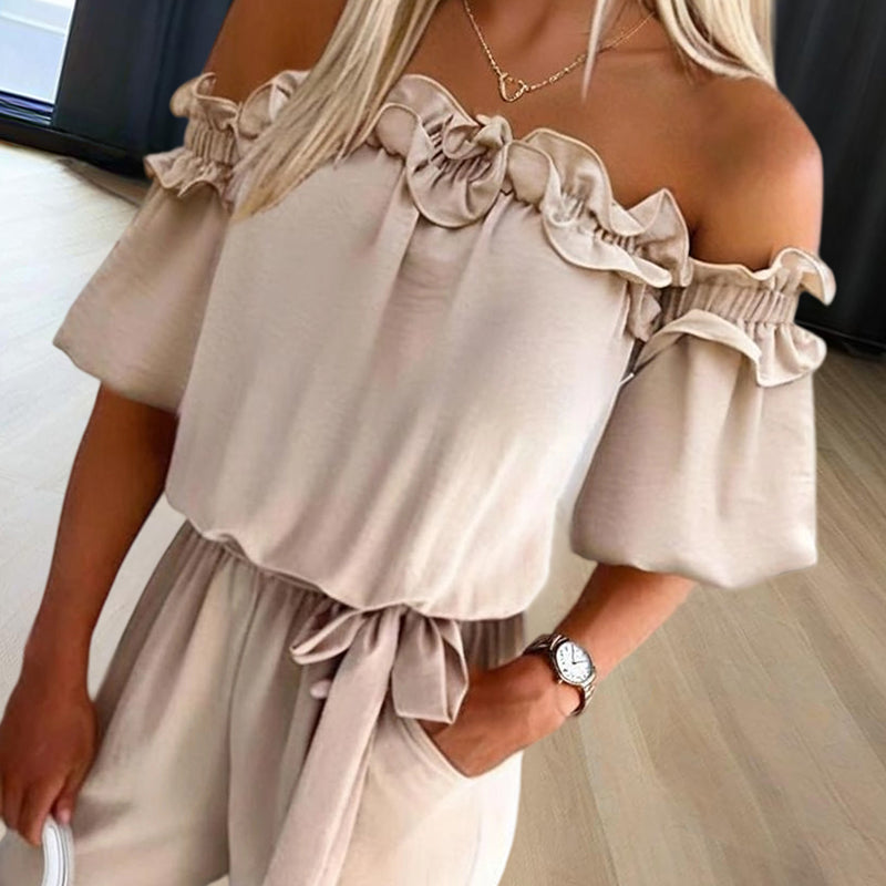Women's Solid Color Elegant Off-Shoulder Jumpsuit With Ruffle Sleeves & Tie-Waist Summer Casual Romper