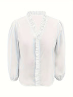 Pure Color Ruffle Hemline Shirt, Casual V-neck Long Sleeve Shirt.