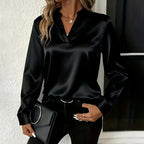 Women's Elegant Solid Color V-Neck Blouse, Button Cuff Long Sleeve Wrinkle Resistant Office Shirt