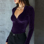 Women's Sexy Solid Color Velvet V-Neck Top, Sequin Detail Long Sleeve Blouse For Layering And Holiday Wear